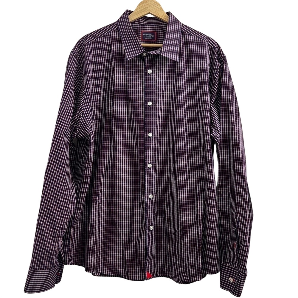 UNTUCKit Mens XL Micro Check Wrinkle Free Cotton Button Down Shirt Blue Red‎